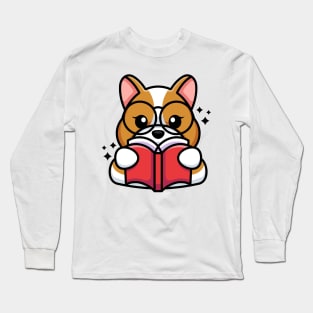 Cute dog reading book cartoon Long Sleeve T-Shirt